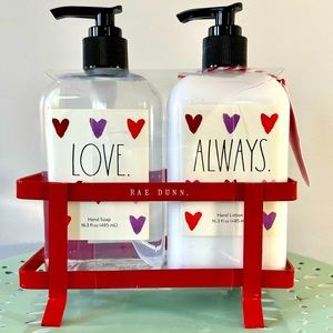 Rae Dunn Wild Rose Hand Soap and Lotion set in red metal holder NWT